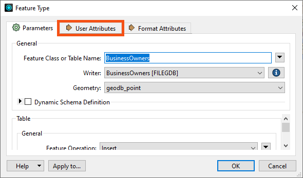 User Attributes tab